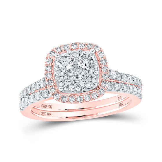 10k Rose Gold Round Diamond Square Bridal Wedding Ring Band Set 1 Cttw