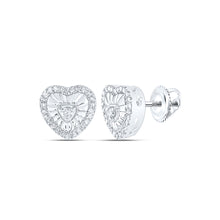  Sterling Silver Womens Round Diamond Heart Earrings 1/4 Cttw