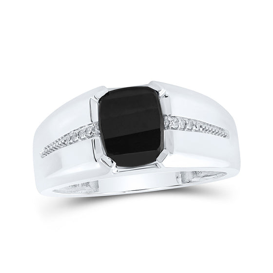 10k White Gold Mens Cushion Onyx Diamond Band Ring 2 Cttw
