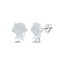  10k White Gold Womens Round Diamond Rose Flower Earrings 1/3 Cttw
