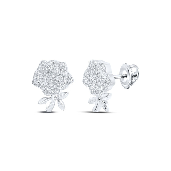 10k White Gold Womens Round Diamond Rose Flower Earrings 1/3 Cttw