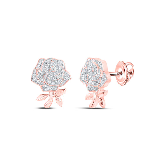 10k Rose Gold Womens Round Diamond Rose Flower Earrings 1/3 Cttw