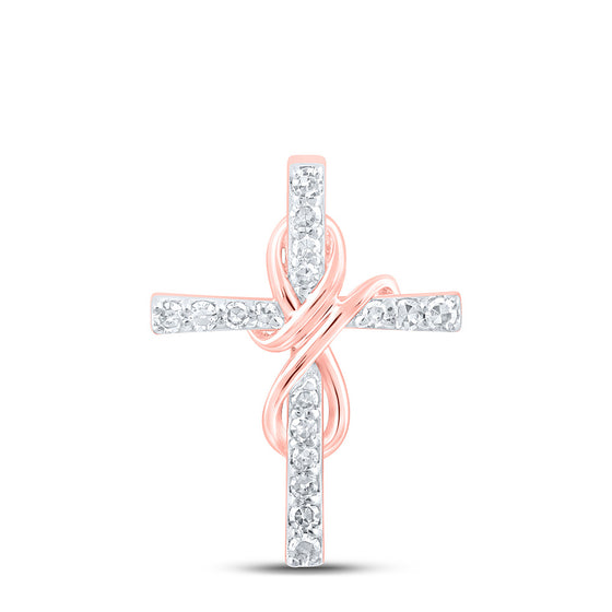 10k Rose Gold Womens Round Diamond Cross Pendant 1/10 Cttw