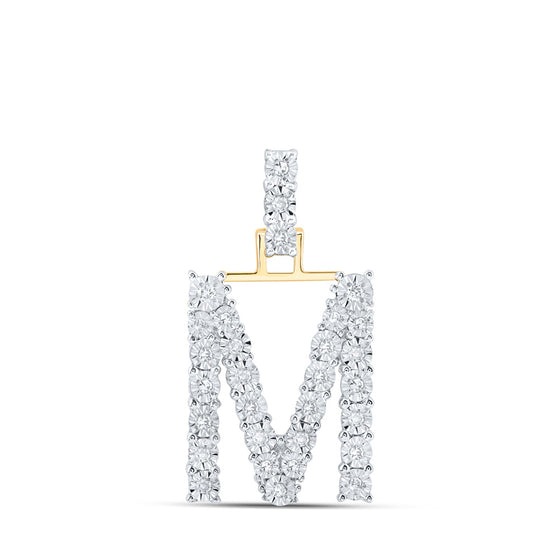 10k Yellow Gold Womens Round Diamond M Initial Letter Pendant 1/6 Cttw