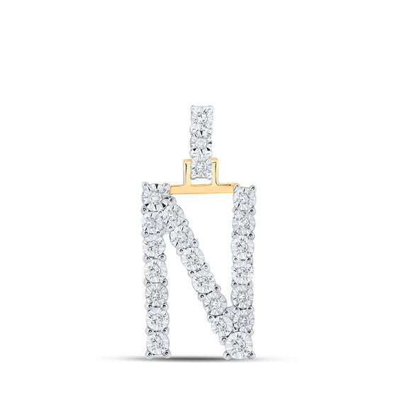 10k Yellow Gold Womens Round Diamond N Initial Letter Pendant 1/8 Cttw