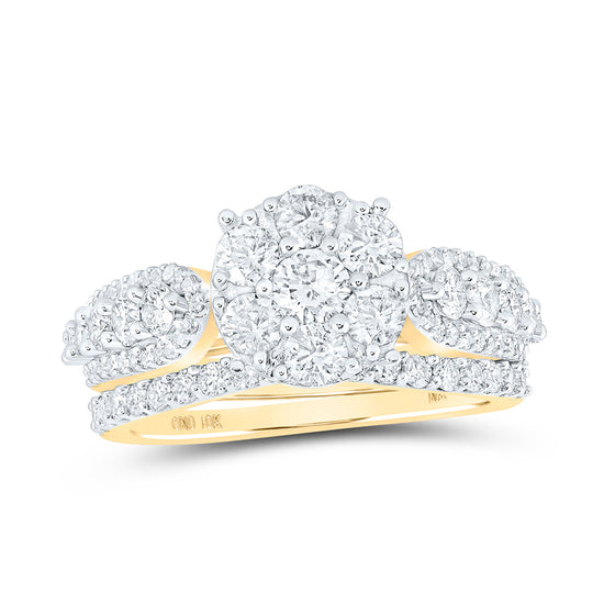 10k Yellow Gold Round Diamond Halo Bridal Wedding Ring Band Set 1-3/4 Cttw