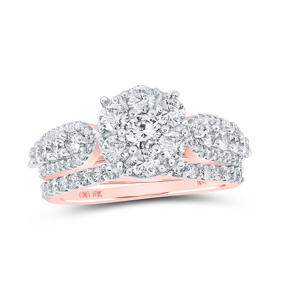 10k Rose Gold Round Diamond Halo Bridal Wedding Ring Band Set 1-3/4 Cttw