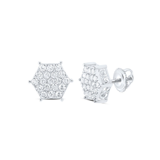 10k White Gold Womens Round Diamond Hexagon Cluster Earrings 7/8 Cttw