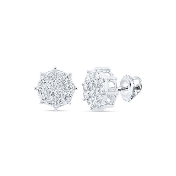 10k White Gold Womens Round Diamond Octagon Cluster Earrings 7/8 Cttw