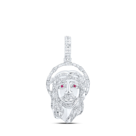 10k White Gold Mens Round Diamond Ruby Jesus Face Charm Pendant 1 Cttw