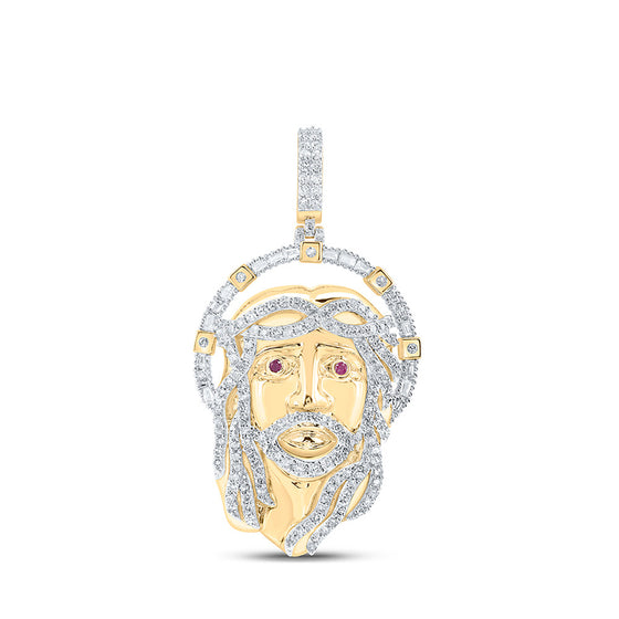 10k Yellow Gold Mens Round Diamond Ruby Jesus Face Charm Pendant 1-3/4 Cttw