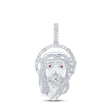  10k White Gold Mens Round Diamond Ruby Jesus Face Charm Pendant 1-3/4 Cttw