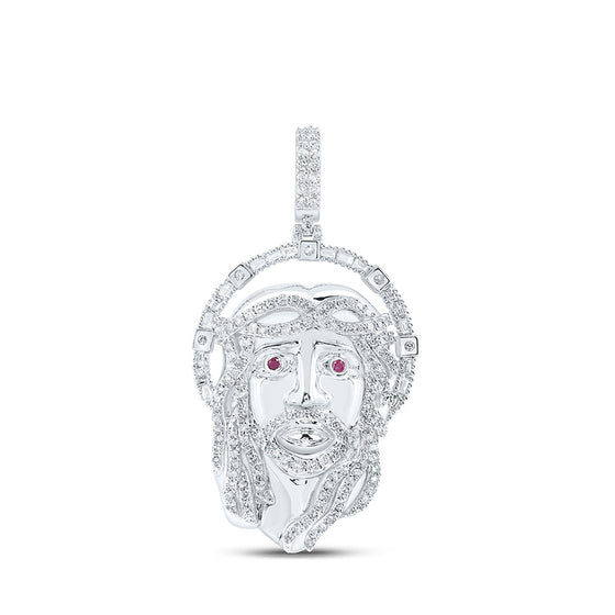 10k White Gold Mens Round Diamond Ruby Jesus Face Charm Pendant 1-3/4 Cttw
