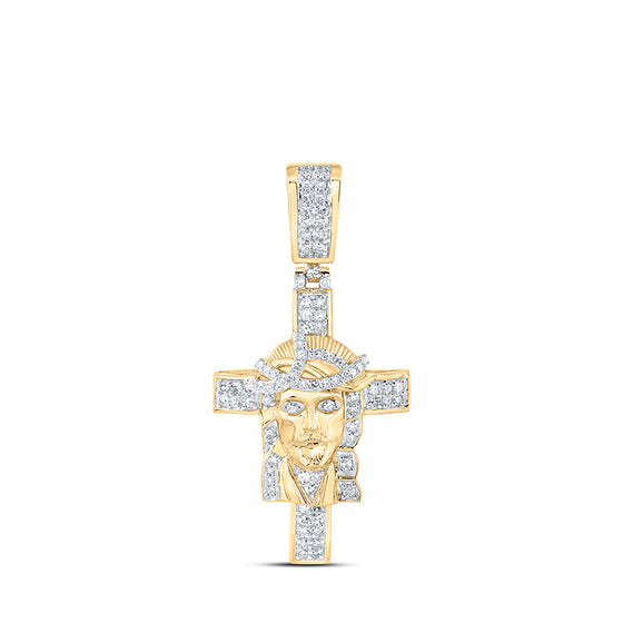 10k Yellow Gold Mens Round Diamond Jesus Cross Charm Pendant 1/2 Cttw