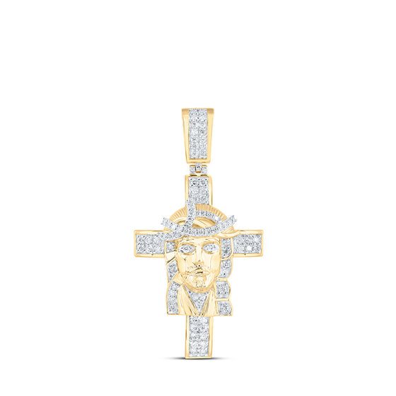 10k Yellow Gold Mens Round Diamond Jesus Cross Charm Pendant 1 Cttw