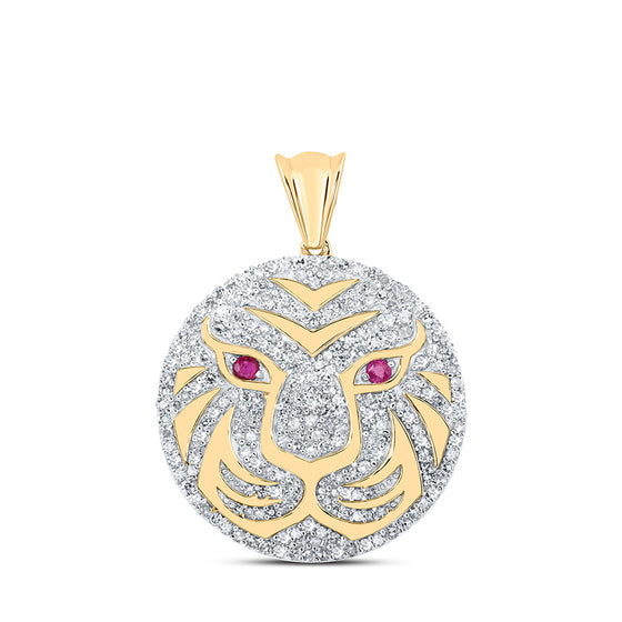 10k Yellow Gold Mens Round Diamond Lion Face Circle Charm Pendant 1 Cttw