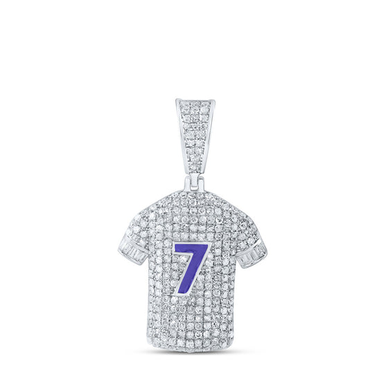 Sterling Silver Mens Baguette Diamond Number 7 Jersey Charm Pendant 1-1/4 Cttw