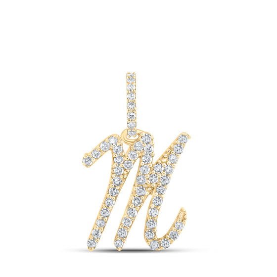10k Yellow Gold Womens Round Diamond M Initial Letter Pendant 1/5 Cttw