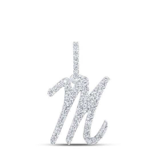 10k White Gold Womens Round Diamond M Initial Letter Pendant 1/5 Cttw