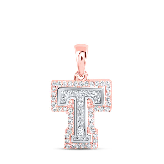 10k Two-tone Gold Womens Round Diamond T Initial Letter Pendant 1/5 Cttw