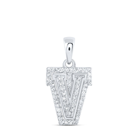 10k White Gold Womens Round Diamond V Initial Letter Pendant 1/6 Cttw