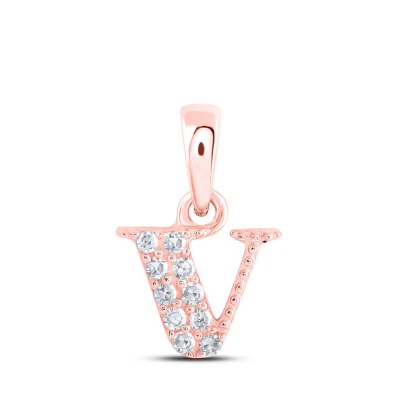 10k Rose Gold Womens Round Diamond V Initial Letter Pendant 1/20 Cttw