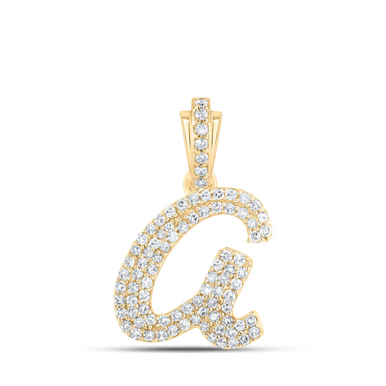 10k Yellow Gold Womens Round Diamond A Cursive Initial Letter Pendant 1/3 Cttw