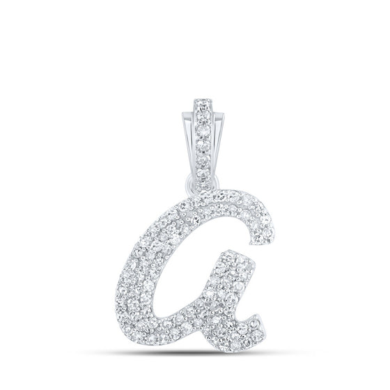 10k White Gold Womens Round Diamond A Cursive Initial Letter Pendant 1/3 Cttw