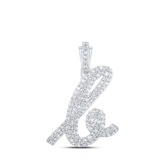 10k White Gold Womens Round Diamond K Cursive Initial Letter Pendant 5/8 Cttw