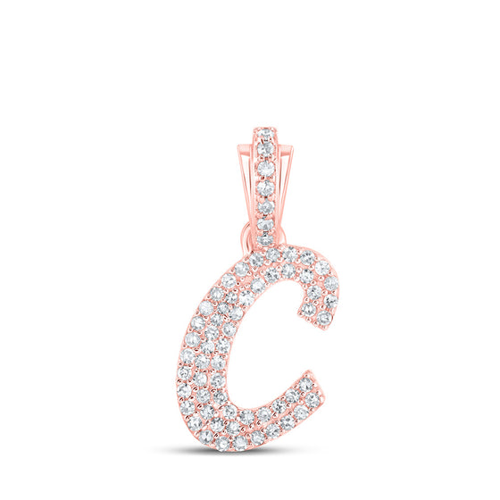 10k Rose Gold Womens Round Diamond C Cursive Initial Letter Pendant 1/4 Cttw