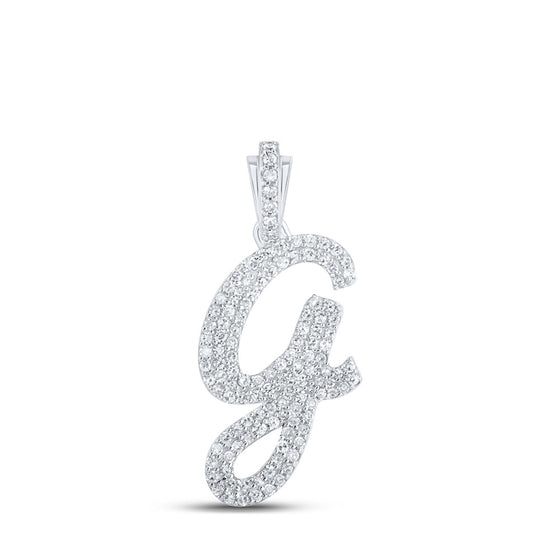 10k White Gold Womens Round Diamond G Cursive Initial Letter Pendant 1/2 Cttw