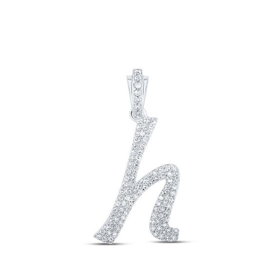 10k White Gold Womens Round Diamond H Cursive Initial Letter Pendant 3/8 Cttw