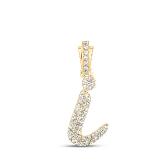 10k Yellow Gold Womens Round Diamond I Cursive Initial Letter Pendant 1/4 Cttw