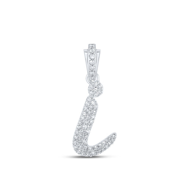 10k White Gold Womens Round Diamond I Cursive Initial Letter Pendant 1/4 Cttw