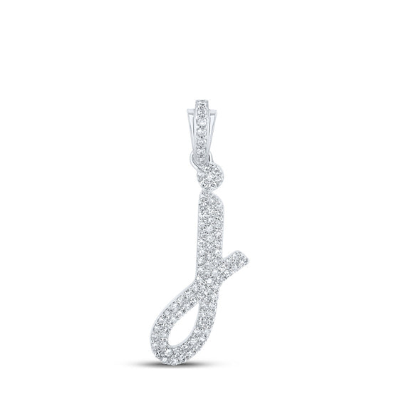 10k White Gold Womens Round Diamond J Cursive Initial Letter Pendant 3/8 Cttw