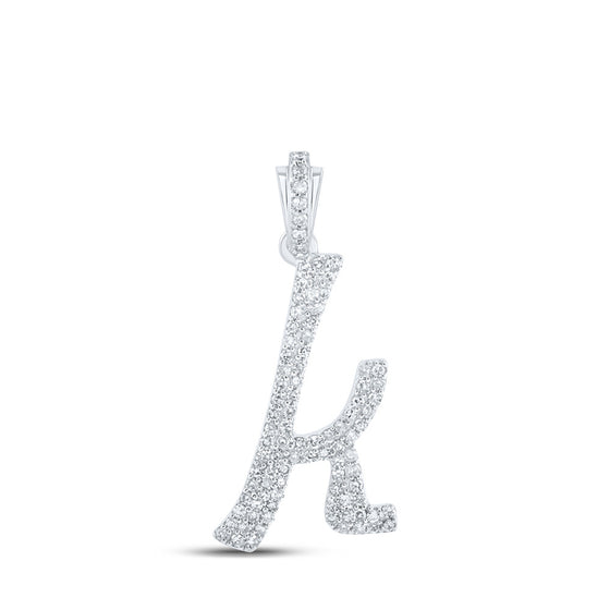 10k White Gold Womens Round Diamond K Cursive Initial Letter Pendant 3/8 Cttw