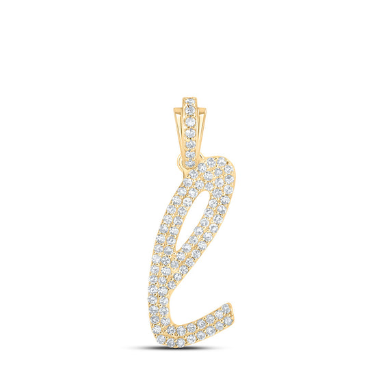 10k Yellow Gold Womens Round Diamond L Cursive Initial Letter Pendant 3/8 Cttw
