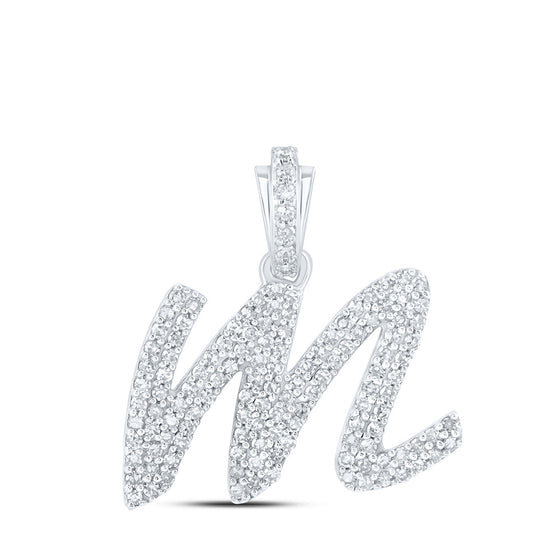 10k White Gold Womens Round Diamond M Cursive Initial Letter Pendant 1/2 Cttw
