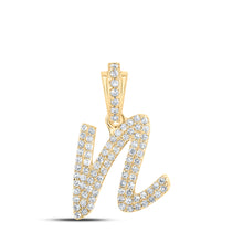  10k Yellow Gold Womens Round Diamond N Cursive Initial Letter Pendant 1/3 Cttw