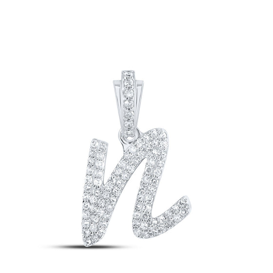 10k White Gold Womens Round Diamond N Cursive Initial Letter Pendant 1/3 Cttw