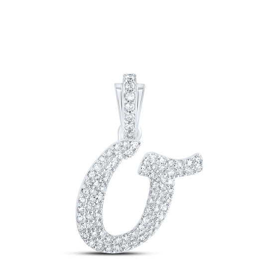 10k White Gold Womens Round Diamond O Cursive Initial Letter Pendant 1/3 Cttw