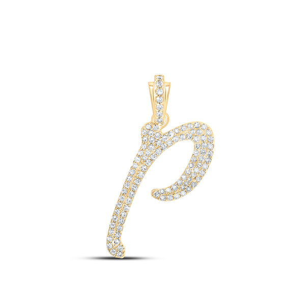 10k Yellow Gold Womens Round Diamond P Cursive Initial Letter Pendant 3/8 Cttw