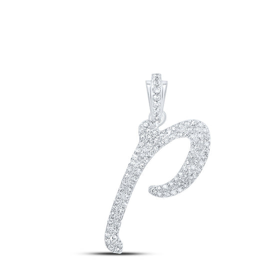 10k White Gold Womens Round Diamond P Cursive Initial Letter Pendant 3/8 Cttw