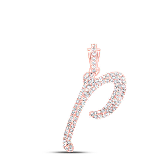 10k Rose Gold Womens Round Diamond P Cursive Initial Letter Pendant 3/8 Cttw