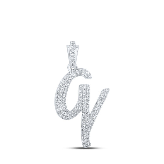 10k White Gold Womens Round Diamond V Cursive Initial Letter Pendant 1/2 Cttw