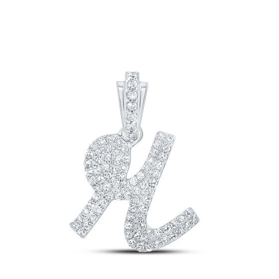 10k White Gold Womens Round Diamond R Cursive Initial Letter Pendant 3/8 Cttw