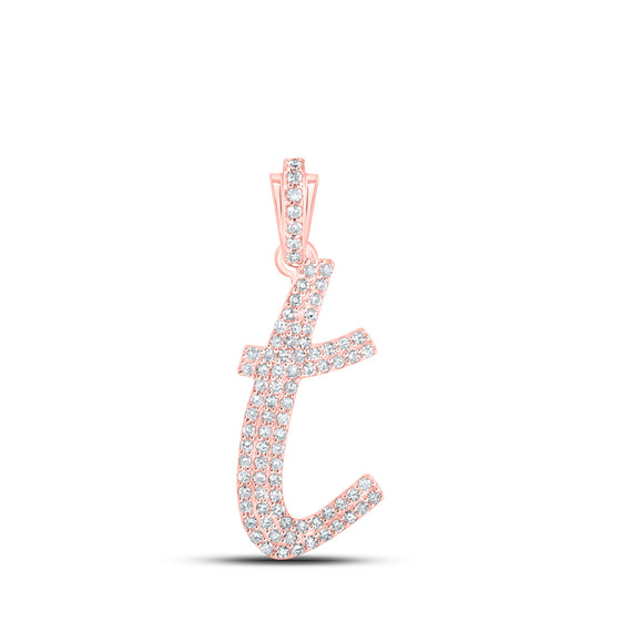 10k Rose Gold Womens Round Diamond T Cursive Initial Letter Pendant 1/3 Cttw