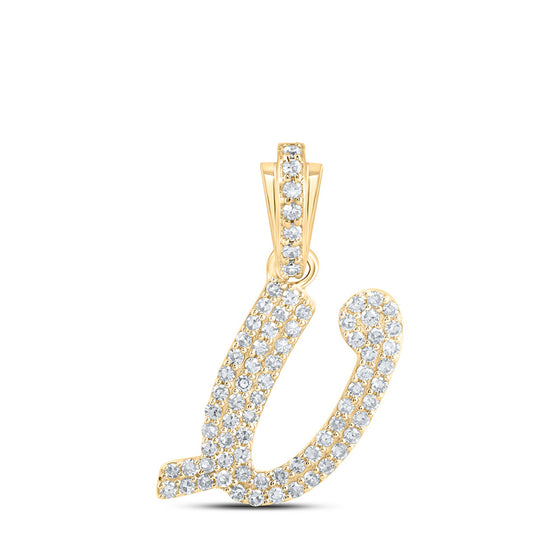 10k Yellow Gold Womens Round Diamond V Cursive Initial Letter Pendant 1/3 Cttw