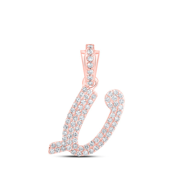 10k Rose Gold Womens Round Diamond V Cursive Initial Letter Pendant 1/3 Cttw