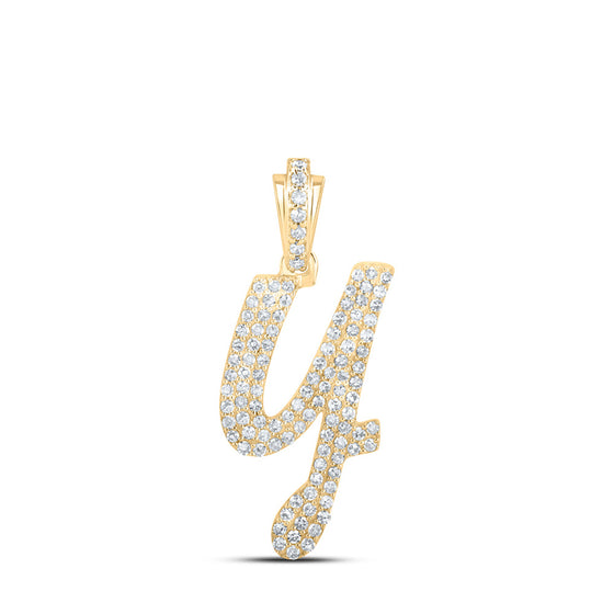 10k Yellow Gold Womens Round Diamond Y Cursive Initial Letter Pendant 1/2 Cttw
